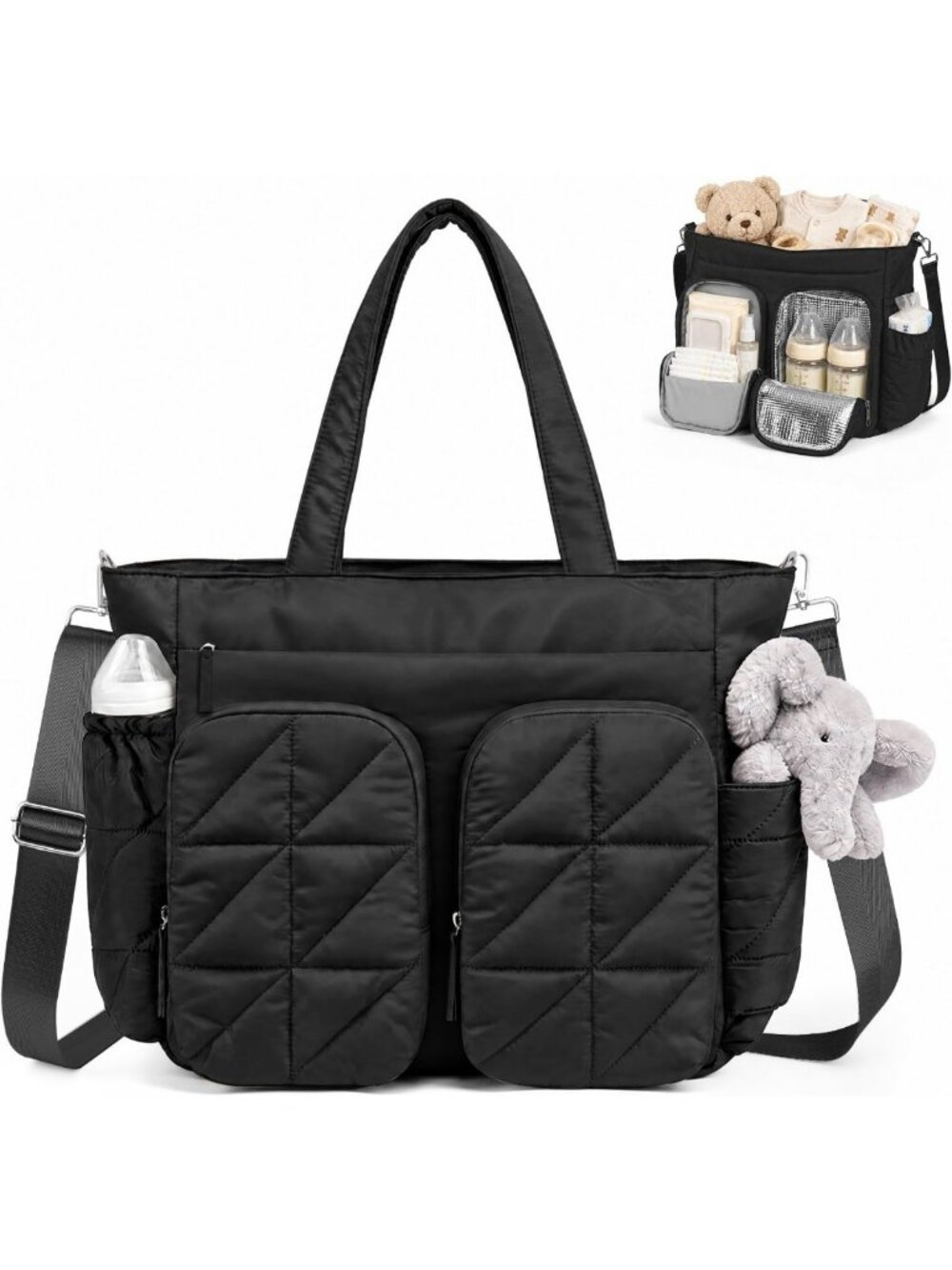 Quilted Puffer Diaper Bag Tote, Lightweight Baby Bag with Insulated Pockets